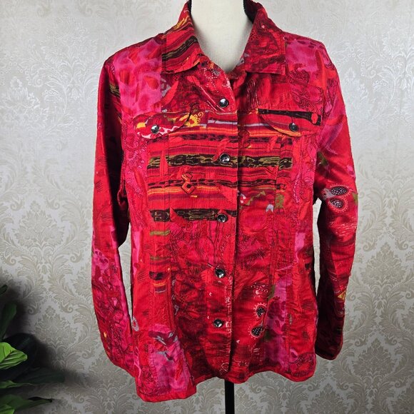 Chico's Size 3 (US XL) Red Multicolor Button Front Jacket 100% Silk Long Sleeve - Picture 1 of 12